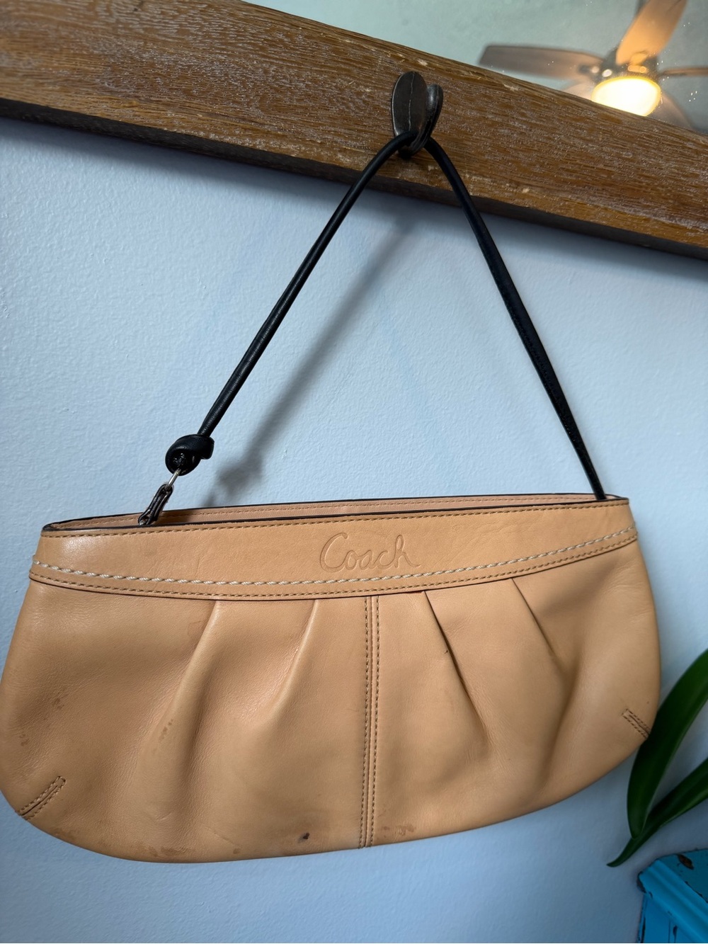 Coach Soho Pleated Mustard Tan Leather Wristlet Pouch Clutch Wallet Purse F13734